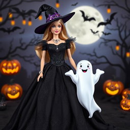 A Barbie doll dressed as a witch, featuring a stunning dark-themed outfit adorned with intricate lace and gemstone details