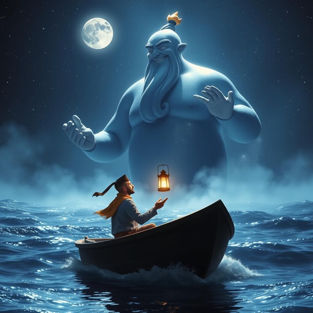 A giant Genie rising from the ocean waves under a starry night sky, with shimmering water reflecting the moonlight