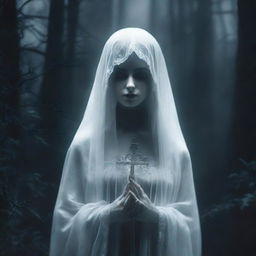 An album cover featuring a mysterious and beautiful ghost woman, portrayed in a gothic style. She's ethereal, surrounded by dark and gloomy atmosphere.