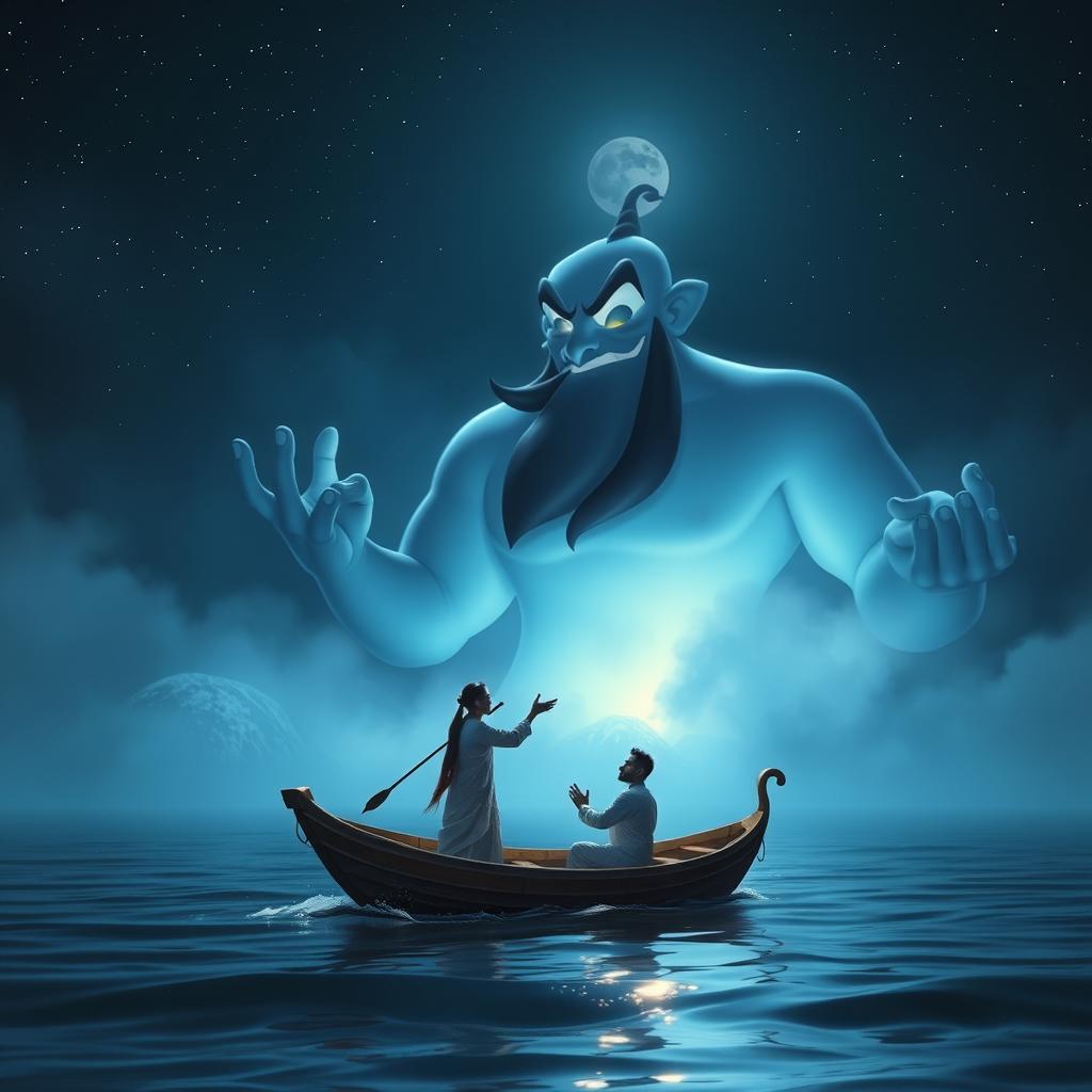 A giant Genie resembling the one from Aladdin is magnificently emerging from the ocean, surrounded by ethereal waves and mist