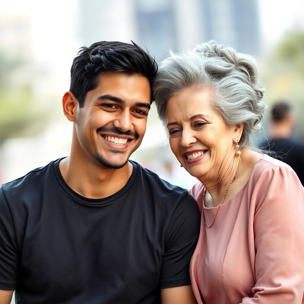 A beautiful couple with a notable age difference, the man is 25 years old with dark short hair, wearing a modern t-shirt