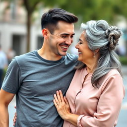 A beautiful couple with a notable age difference, the man is 25 years old with dark short hair, wearing a modern t-shirt