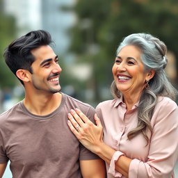 A beautiful couple with a notable age difference, the man is 25 years old with dark short hair, wearing a modern t-shirt