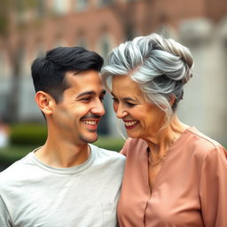 A beautiful couple with a notable age difference, the man is 25 years old with dark short hair, wearing a modern t-shirt