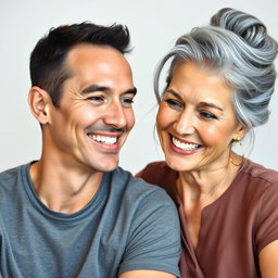 A beautiful couple with a significant age difference, the man is 25 years old with short dark hair, dressed in a modern t-shirt