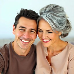 A beautiful couple with a significant age difference, the man is 25 years old with short dark hair, dressed in a modern t-shirt