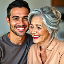 A beautiful couple with a significant age difference, the man is 25 years old with short dark hair, dressed in a modern t-shirt