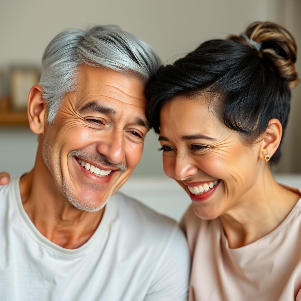 A beautiful couple with a significant age difference, the man is 25 years old with short dark hair, dressed in a modern t-shirt