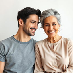 A striking couple showcasing a significant age difference; the man is 25 years old with short dark hair, dressed in a trendy t-shirt