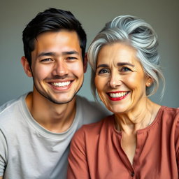 A striking couple showcasing a significant age difference; the man is 25 years old with short dark hair, dressed in a trendy t-shirt