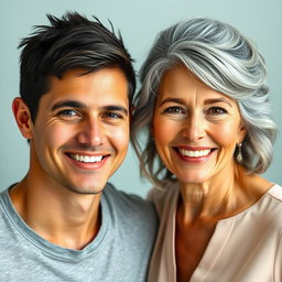 A striking couple showcasing a significant age difference; the man is 25 years old with short dark hair, dressed in a trendy t-shirt