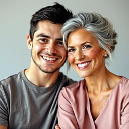 A striking couple showcasing a significant age difference; the man is 25 years old with short dark hair, dressed in a trendy t-shirt