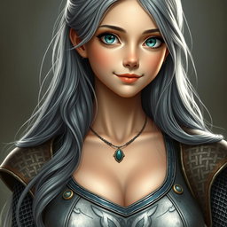 A busty, innocent, and delicate cleric of the life domain, featuring a slim girl with gigantic breasts, long ash grey hair, and bright turquoise eyes