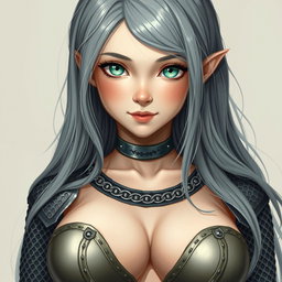A busty, innocent, and delicate cleric of the life domain, featuring a slim girl with gigantic breasts, long ash grey hair, and bright turquoise eyes