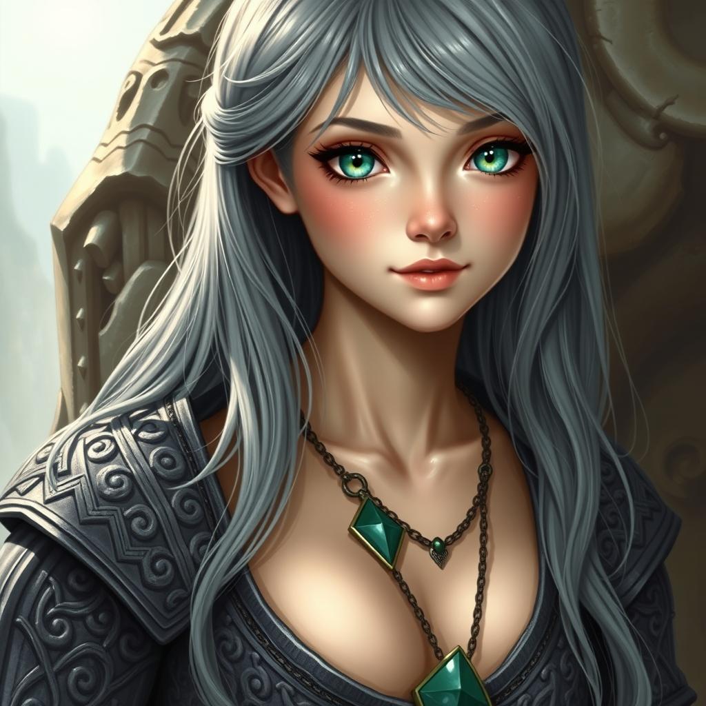A busty, innocent, and delicate cleric of the life domain, featuring a slim girl with gigantic breasts, long ash grey hair, and bright turquoise eyes