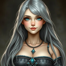 A busty, innocent, and delicate cleric of the life domain, featuring a slim girl with gigantic breasts, long ash grey hair, and bright turquoise eyes