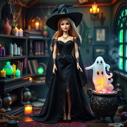 A Barbie doll dressed as a witch in a stunning black outfit, adorned with intricate details like lace and a flowing cape