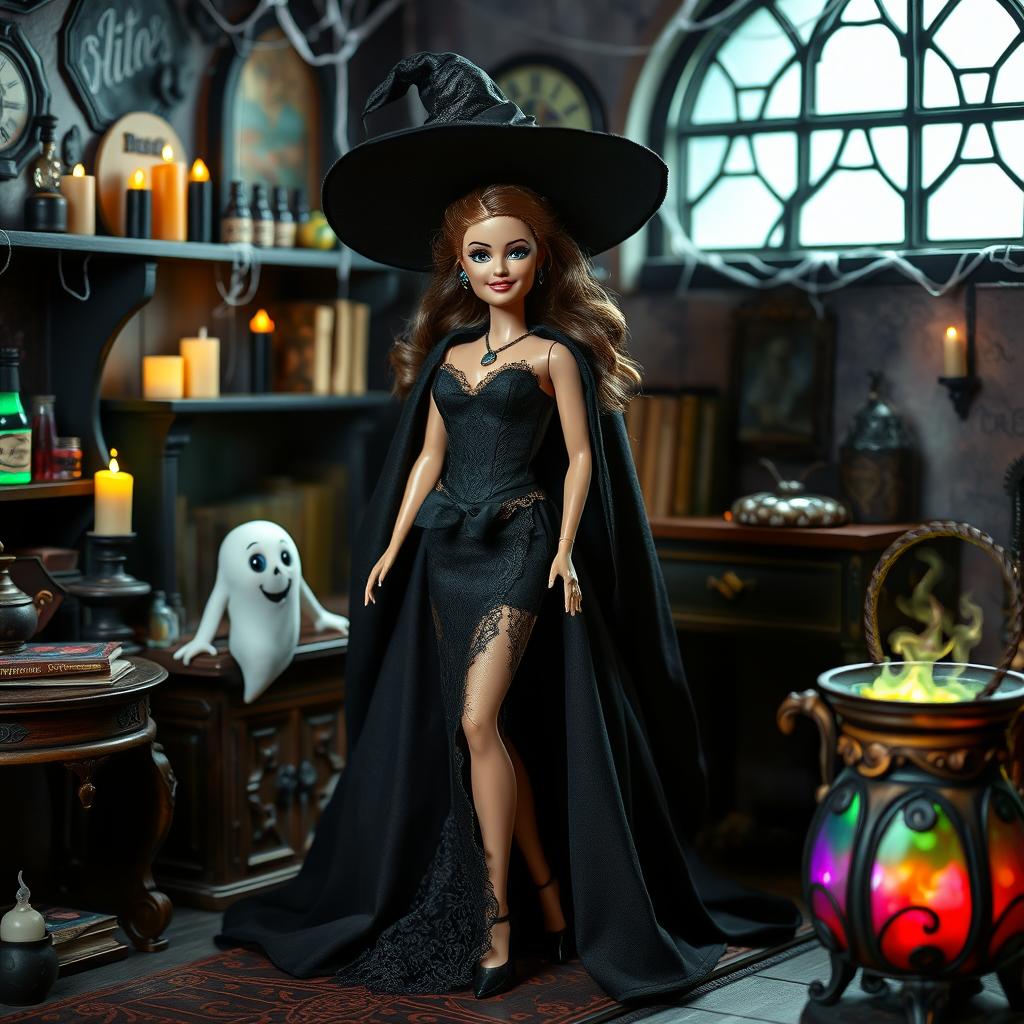 A Barbie doll dressed as a witch in a stunning black outfit, adorned with intricate details like lace and a flowing cape