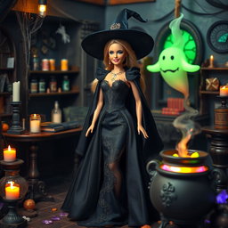 A Barbie doll dressed as a witch in a stunning black outfit, adorned with intricate details like lace and a flowing cape
