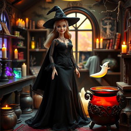 A Barbie doll dressed as a witch in a stunning black outfit, adorned with intricate details like lace and a flowing cape