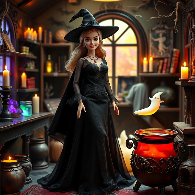 A Barbie doll dressed as a witch in a stunning black outfit, adorned with intricate details like lace and a flowing cape