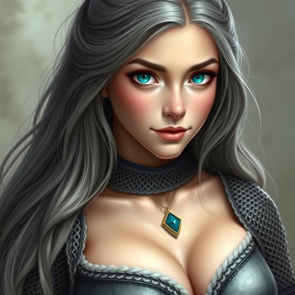 A realistic portrait of a busty, innocent, delicate, and beautiful cleric of the life domain