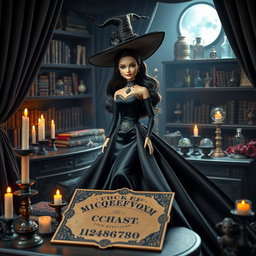 A stylish black-clad Barbie doll embodying a witch, elegantly dressed in a flowing black gown with gothic accessories, surrounded by mystical items in a witch room
