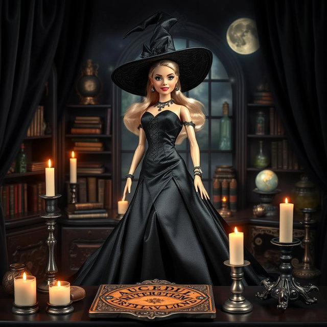 A stylish black-clad Barbie doll embodying a witch, elegantly dressed in a flowing black gown with gothic accessories, surrounded by mystical items in a witch room