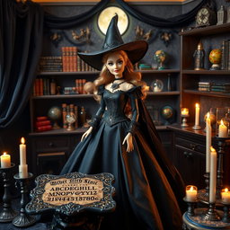 A stylish black-clad Barbie doll embodying a witch, elegantly dressed in a flowing black gown with gothic accessories, surrounded by mystical items in a witch room