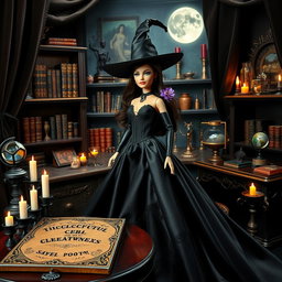 A stylish black-clad Barbie doll embodying a witch, elegantly dressed in a flowing black gown with gothic accessories, surrounded by mystical items in a witch room