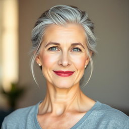A 57-year-old woman with elegant, styled gray hair neatly pulled up