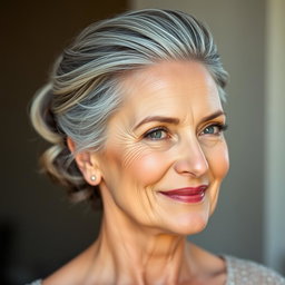 A 57-year-old woman with elegant, styled gray hair neatly pulled up