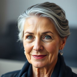A 57-year-old woman with elegant, styled gray hair neatly pulled up