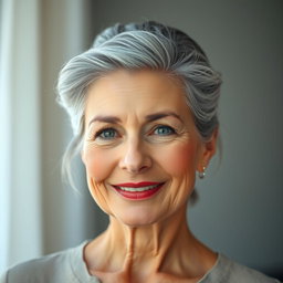 A 57-year-old woman with elegant, styled gray hair neatly pulled up