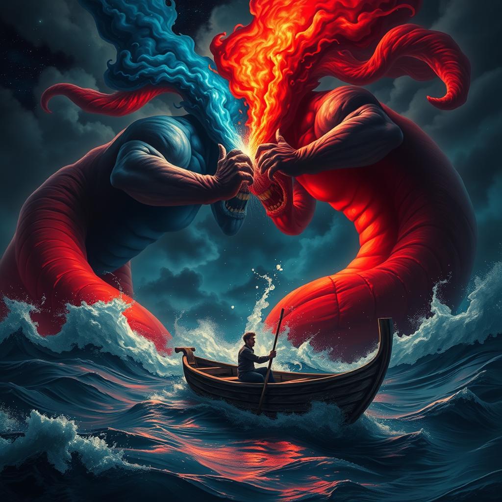 An intense scene of two giant genies, one with a dark blue hue and the other bright red, clashing powerfully over a turbulent sea under a starry night sky