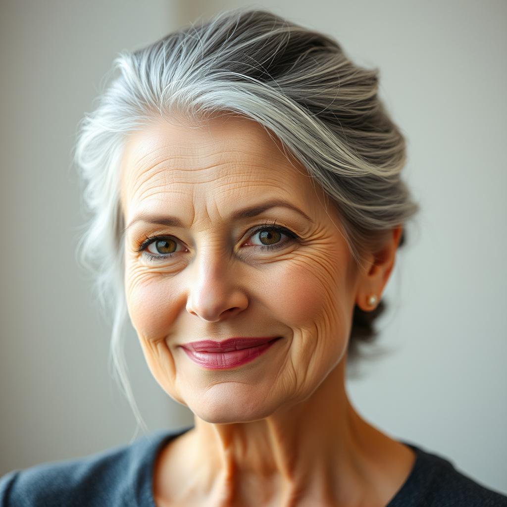 A 57-year-old woman with elegantly styled gray hair neatly pulled up