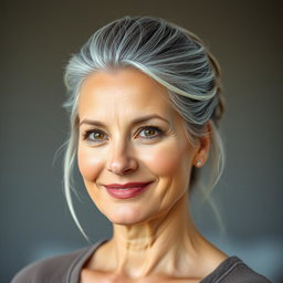 A 57-year-old woman with elegantly styled gray hair neatly pulled up