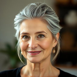 A 57-year-old woman with elegantly styled gray hair neatly pulled up