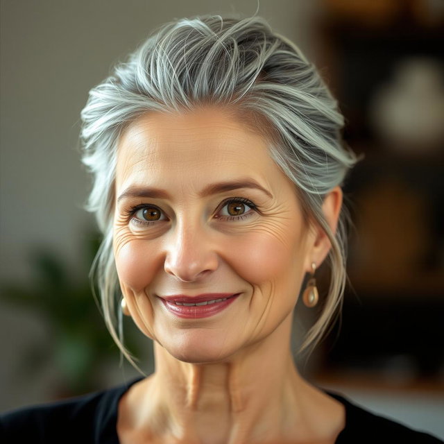 A 57-year-old woman with elegantly styled gray hair neatly pulled up