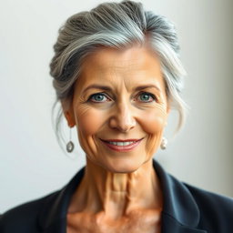 A 57-year-old woman with elegantly styled gray hair neatly pulled up