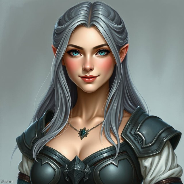 A realistic portrait of a beautiful cleric of the life domain, featuring a kind and caring face, with bright turquoise eyes and long ash grey hair