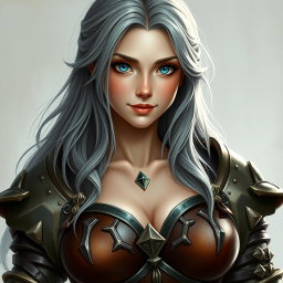 A realistic portrait of a beautiful cleric of the life domain, featuring a kind and caring face, with bright turquoise eyes and long ash grey hair