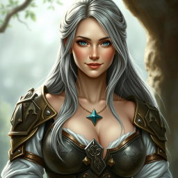 A realistic portrait of a beautiful cleric of the life domain, featuring a kind and caring face, with bright turquoise eyes and long ash grey hair