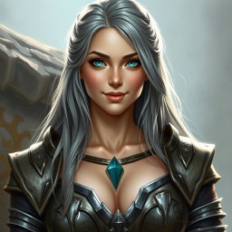 A realistic portrait of a beautiful cleric of the life domain, featuring a kind and caring face, with bright turquoise eyes and long ash grey hair