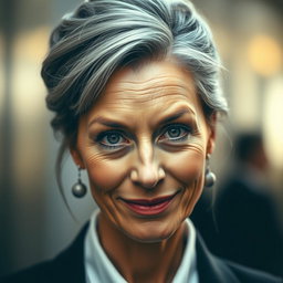 A 57-year-old woman with elegantly styled gray hair pulled up and an intriguing expression, slightly smiling yet exuding a challenging and curious gaze