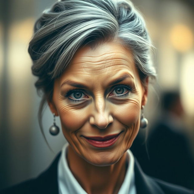 A 57-year-old woman with elegantly styled gray hair pulled up and an intriguing expression, slightly smiling yet exuding a challenging and curious gaze