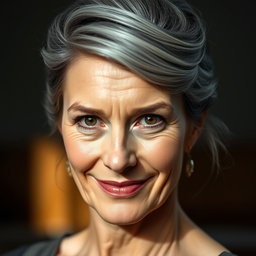 A 57-year-old woman with elegantly styled gray hair pulled up and an intriguing expression, slightly smiling yet exuding a challenging and curious gaze