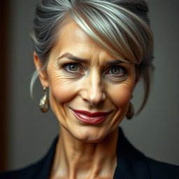 A 57-year-old woman with elegantly styled gray hair pulled up and an intriguing expression, slightly smiling yet exuding a challenging and curious gaze