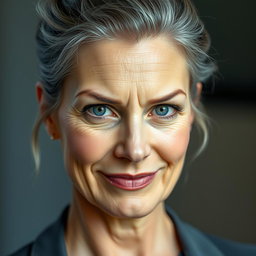 A 57-year-old woman with elegantly styled gray hair pulled up and an intriguing expression, slightly smiling yet exuding a challenging and curious gaze