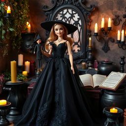 A Barbie doll styled as a witch, dressed in a flowing black gown with intricate lace details